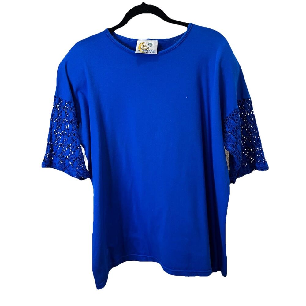 CopaCabana Blue Short Crochet Sleeves Tunic Top Beachy Coastal Womens Size 2/3XL